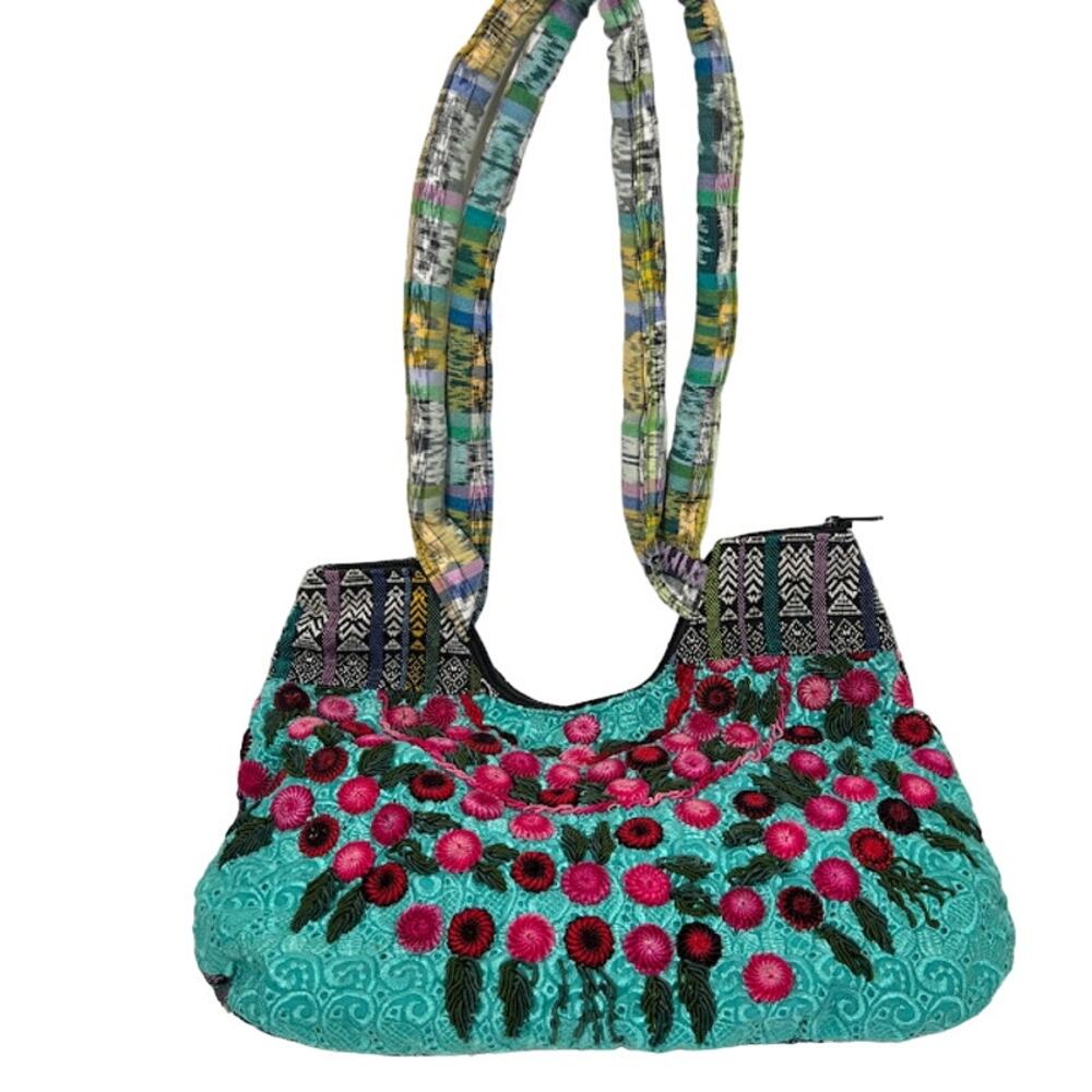 Women's Embroidered Floral Woven Double Handled Shoulder Bag